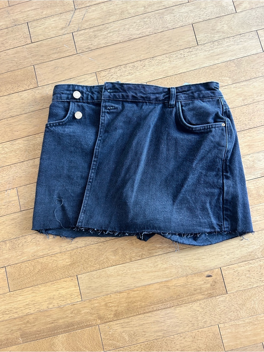 Zara Black Denim Mini Skort with Raw Hem - never worn